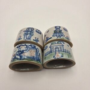 Set 4 M.A. Hadley Hand-Painted Stoneware Napkin Ring- Farmer, Woman, Cow, House